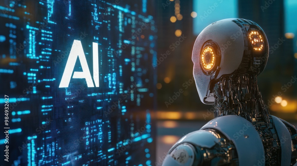 Poster a humanoid robot standing before a large screen displaying the word 