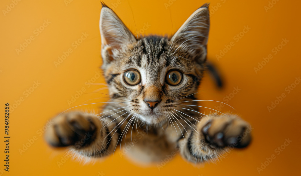Poster a cat is looking up at the camera with its paws outstretched. the image has a playful and curious mo