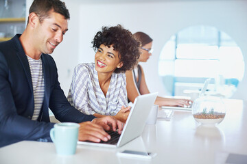 Business people, laptop and team working in office, coworkers and online research for project. Employees, collaboration and reading email in workplace, conversation and website for proposal or report