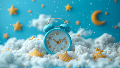 A blue alarm clock with a white face sits on a bed of clouds. The clock is set to the time of 10:30. The image has a dreamy, whimsical feel to it, with the clouds