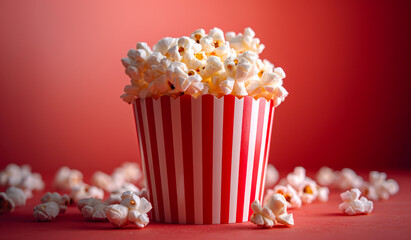 A red and white striped paper cup filled with popcorn. The popcorn is scattered around the cup, creating a fun and playful atmosphere