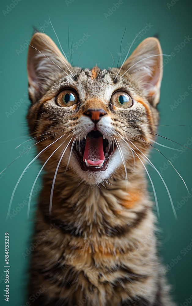 Poster a cat with its mouth open and teeth showing. the cat is looking at the camera with a surprised expre