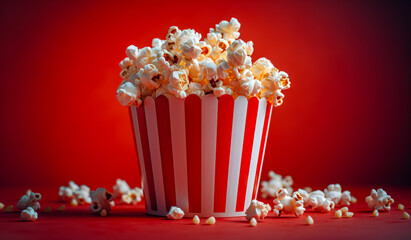A red and white popcorn bucket is filled with popcorn. The popcorn is scattered all over the red background