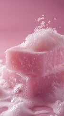 Fototapeta premium A pink handmade soap with foam under natural lighting. Luxurious pink soap with plenty of foam.