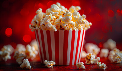 A red and white popcorn container with a lot of popcorn in it. The popcorn is scattered around the container, creating a fun and playful atmosphere