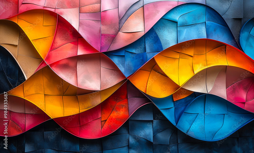 Poster a colorful abstract painting with a wave-like pattern. the colors are bright and vibrant, creating a