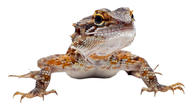 A close-up portrait of a bearded dragon lizard, isolated on a white background. The lizard has a striking orange and brown pattern on its skin. It's looking directly at the camera, with its head sligh