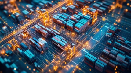 Obraz premium Aerial View of a Container Port at Night with Illuminated Cranes and Containers