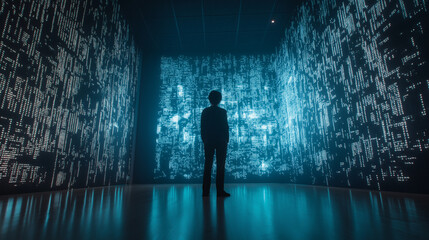 Fototapeta premium Binary numbers matrix on walls in cyberspace