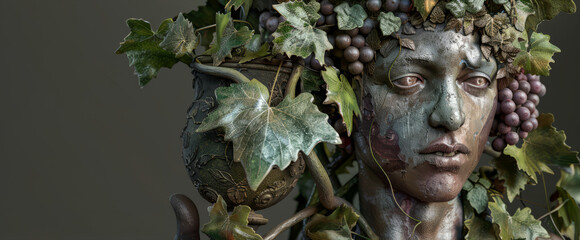 Dionysus is elegantly portrayed with grapevines and a wine cup