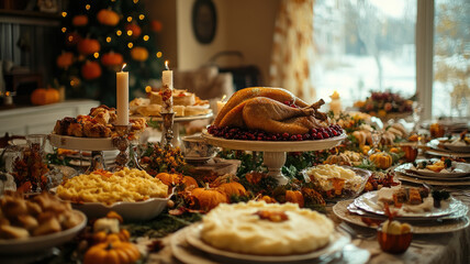 Luxurious table setting with traditional Thanksgiving dishes, roast turkey, mashed potatoes, cranberry sauce, pumpkin pie against autumn decorations in home, USA, holiday, celebration, seasonal food