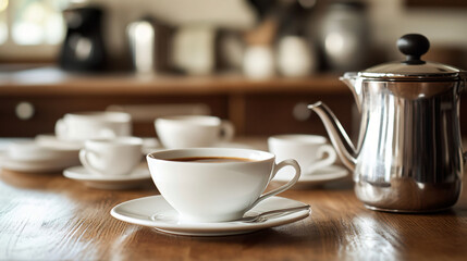Fototapeta premium A freshly brewed pot of coffee with a matching set of cups and saucers on a wooden kitchen table.
