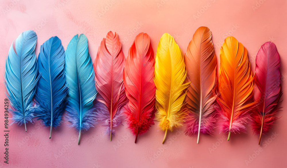Poster a row of colorful feathers on a pink background. the feathers are arranged in a rainbow pattern, wit