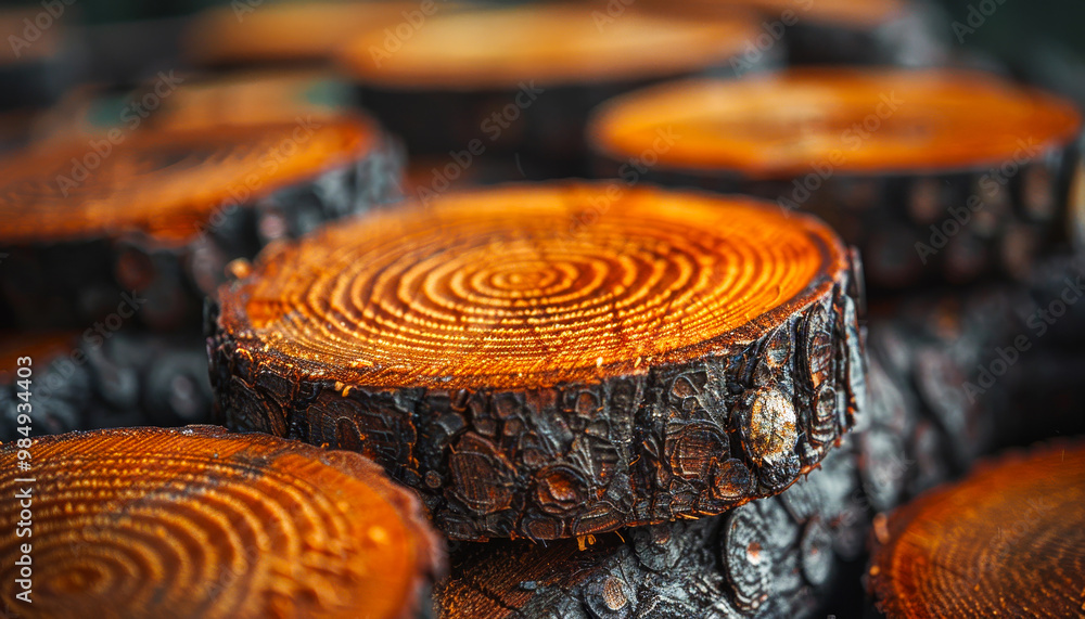 Poster a pile of cut wood is shown, with the texture and rings on each log visible. the focus is on one lar
