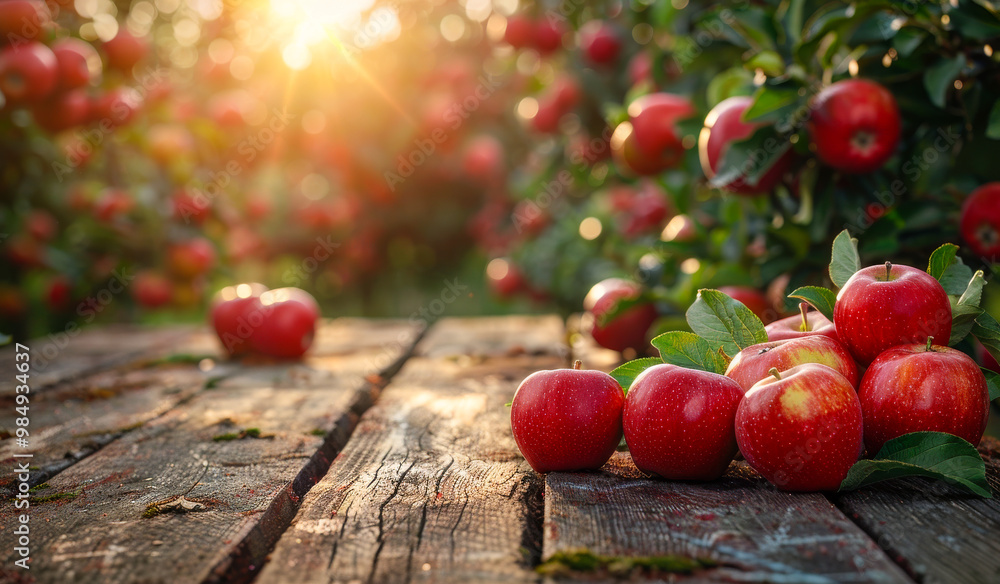 Poster a table with a bunch of red apples on it. the apples are shiny and look fresh. the table is surround