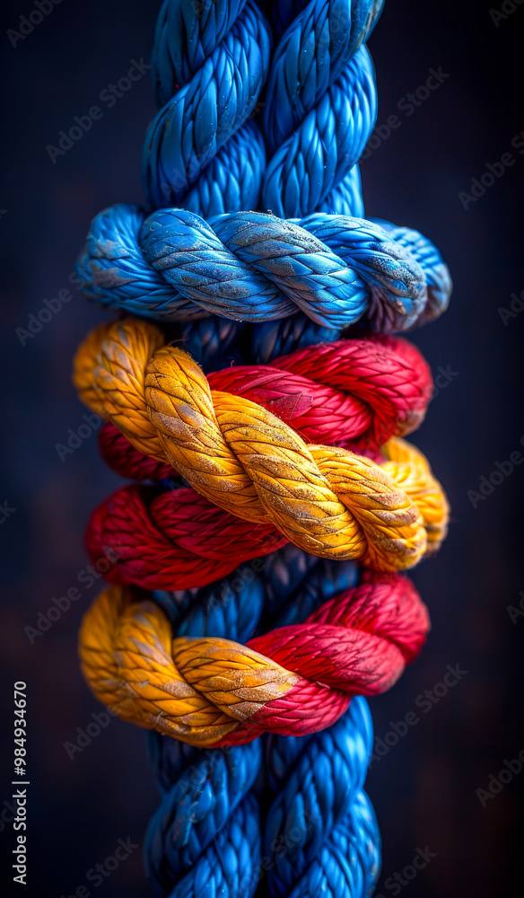 Poster close up of colorful rope with knot, symbolizing unity and strength in team work or business collabo