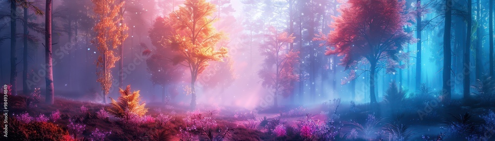 Poster a forest with trees in the background and a field of flowers in the foreground