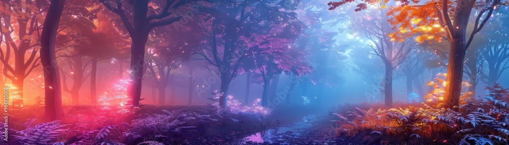 Poster a forest with trees in different colors and a path