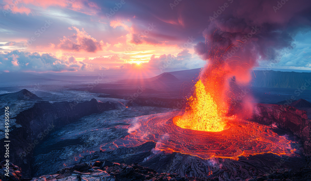 Poster a volcano erupts with lava and smoke, creating a fiery and dramatic scene. the sky above is filled w
