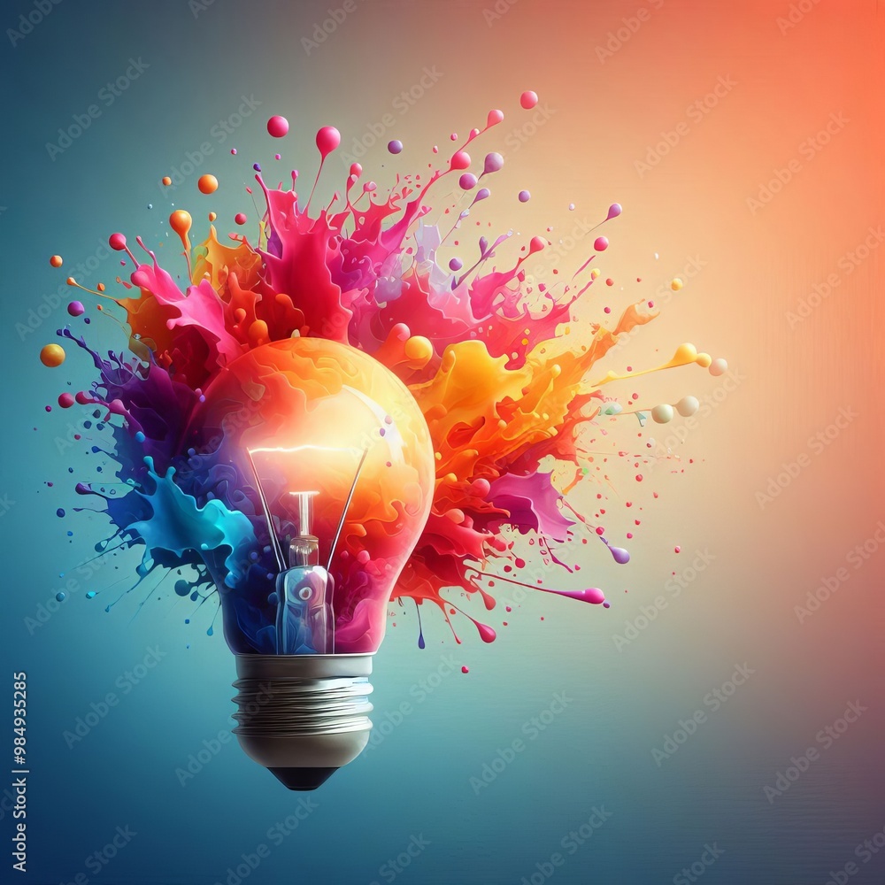 Poster a vivid image of a light bulb exploding with a burst of colorful paint splashes. this artwork symbol