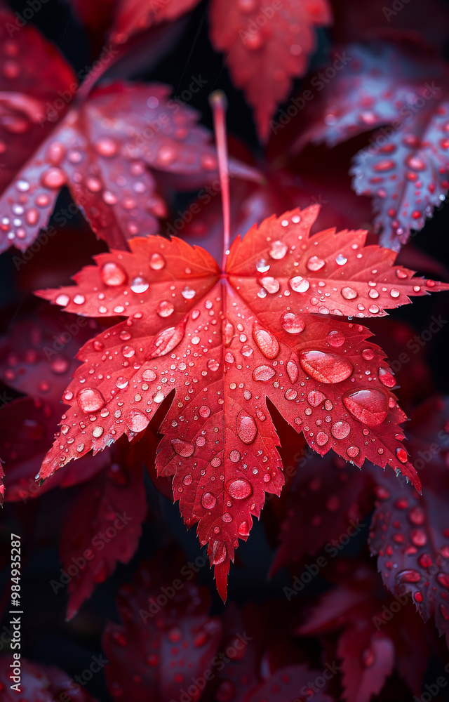 Poster a leaf with raindrops on it. the leaf is red and the raindrops are small. the image has a mood of ca