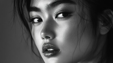 Fototapeta premium Close-up Portrait of a Woman with Dark Hair and a Sharp Gaze
