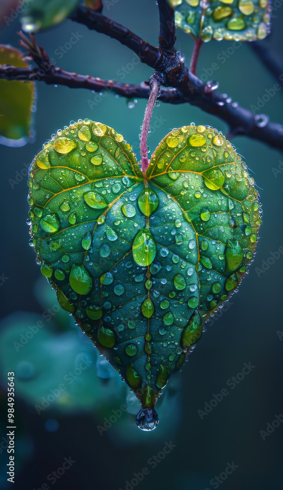 Poster a leaf with raindrops on it is shown in a photo. the leaf is green and has a heart shape. the photo 