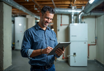 Happy homeowner plumber, HVAC technician, man using a mobile phone tablet in a basement by water heater, burner, duct work. DIY repair or install, happy with work done, quote.