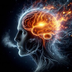 A vivid digital representation of a human brain with fiery neural connections illuminating the dark background. The intricate details and dynamic energy suggest innovation, intelligence, and the power