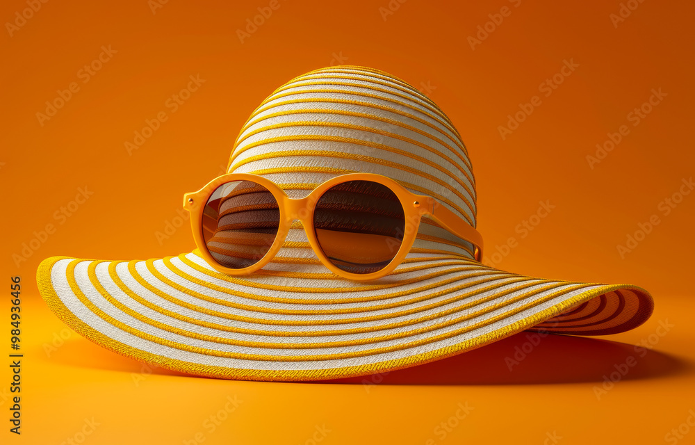 Wall mural A yellow and white straw hat with sunglasses on top of it. The hat is placed on a yellow background