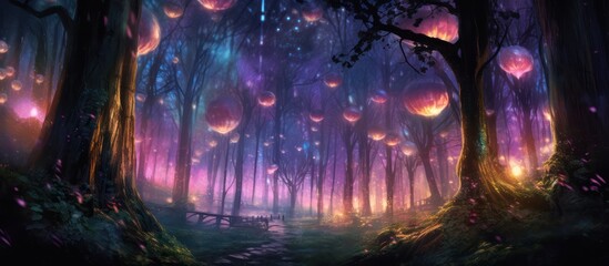Mystical Forest with Glowing Spheres