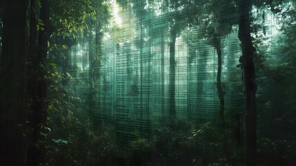 Photograph of a lush green forest landscape with a carbon credit certificate layer over it representing environmental conservation and sustainability initiatives