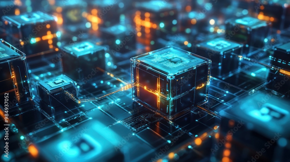Poster abstract digital network with glowing cubes and circuits