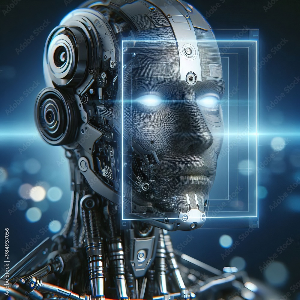 Poster close-up of a futuristic ai robot with glowing eyes, showcasing intricate mechanical details and adv