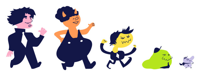 Group of abstract diverse monsters. Friends or coworkers are walking, marching Cartoon characters. Teamwork, togetherness, friendship concept. Hand drawn colorful Vector illustration