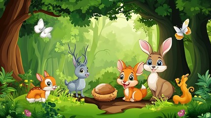 Naklejka premium Cute cartoon animals in a forest setting with butterflies, children's book illustration