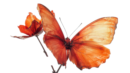 An orange butterfly with its wings spread wide, resting on a delicate orange flower against a white background.