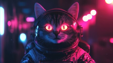 A tabby cat with glowing red eyes wears an astronaut helmet with a neon cityscape in the background.