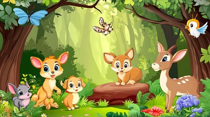 Naklejka premium Cute cartoon animals in a magical forest with butterflies and birds