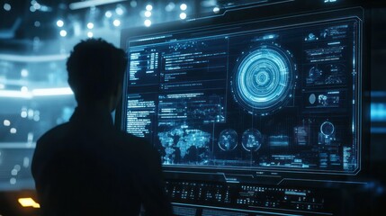 Silhouetted Figure Viewing Futuristic Digital Interface