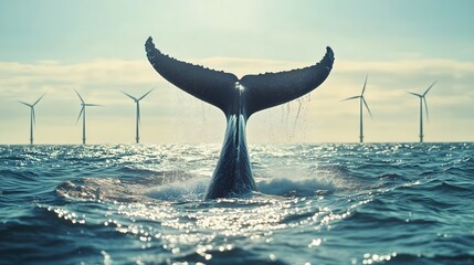 Fototapeta premium whale tail emerges gracefully from the ocean waters, with wind turbines visible in the background, symbolizing the balance between marine ecosystems and renewable energy