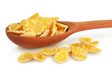 Cornflakes in wooden spoon isolated on white background.