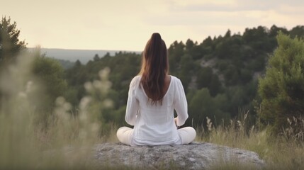 Woman meditating on a mountain top