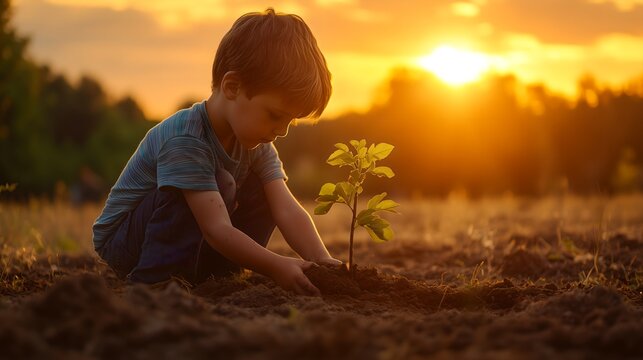 ni&ntilde;o peque&ntilde;o plantando un arbol en tierra seca con la esperanza de reforestar el campo y mejorar el medio ambiente infancia feliz y de aprendizaje