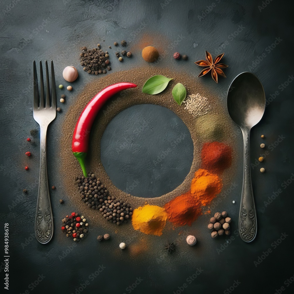 Poster creative and colorful display of spices and kitchen utensils on a dark textured background. the vibr