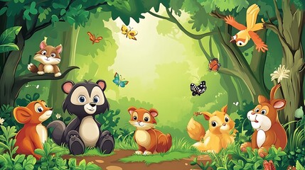 Naklejka premium Cute cartoon forest animals in a magical woodland setting