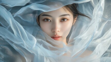 A Young Woman's Face Partially Hidden by a Flowing Veil of Light Blue Sheer Fabric
