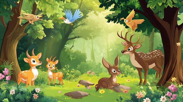 Fototapeta Cartoon illustration of a forest scene with deer, birds and flowers