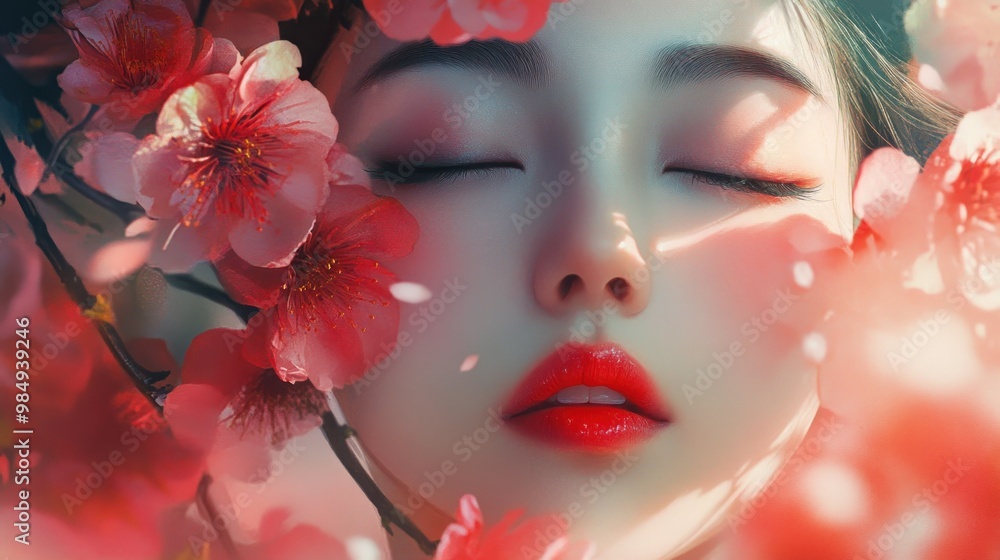 Wall mural A Woman's Face Half Hidden By Pink Flowers