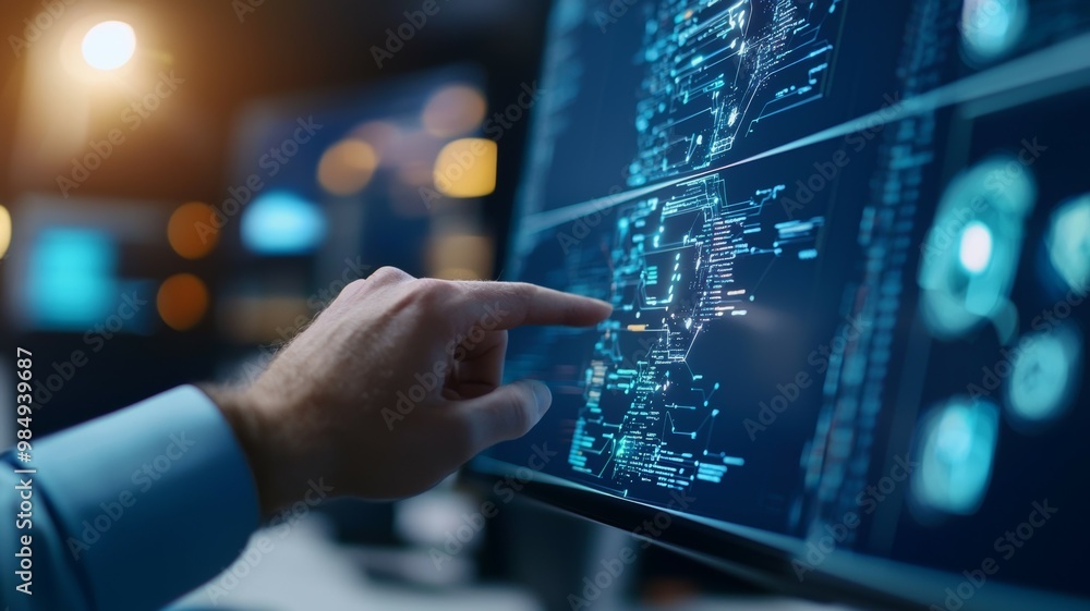 Poster a person is pointing at a computer screen with a blue background